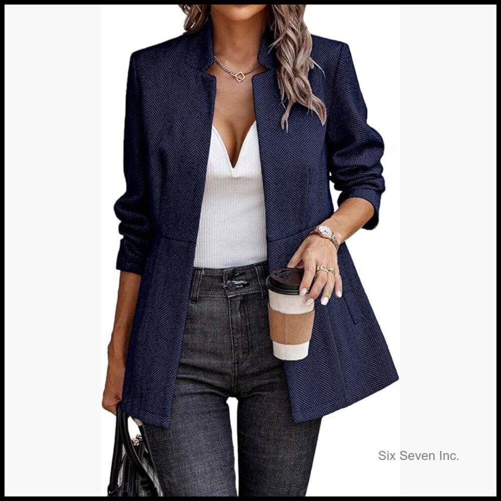 Polyester Cation Open Front Herringbone Blazer Bu… - image 1
